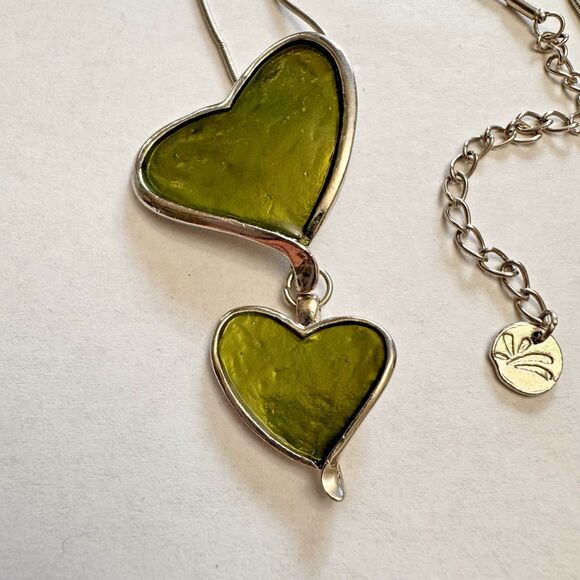 Vintage-Style 20" Heart Pendant Necklace – Double Green enamel  Hearts - Picture 5 of 7